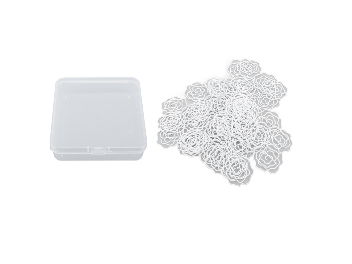 50 Clips de Papel Decorativos em Forma de Rosa Metálicos com Caixa de Armazenamento para Escola e Escritório Branco
