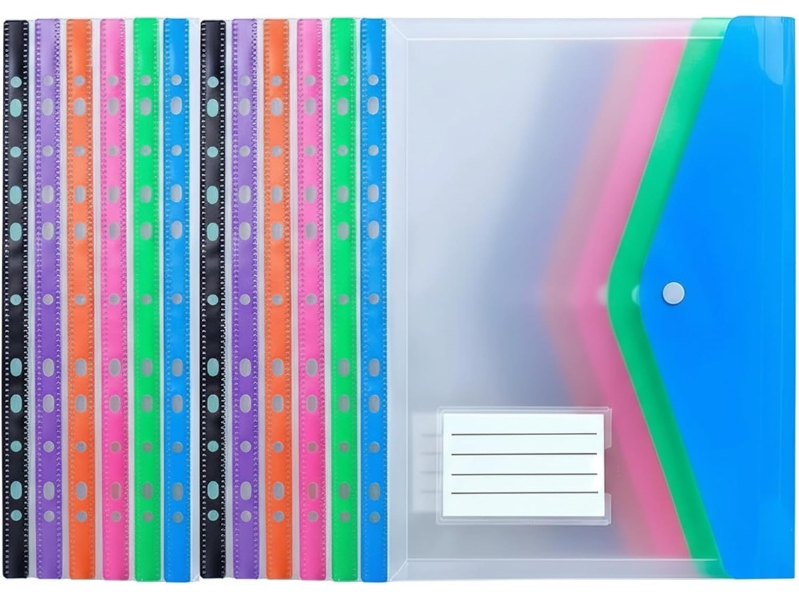 Organizador de massas multicolorido e impermeável com 12 peças, sacos para massa e protetores de página de plástico.