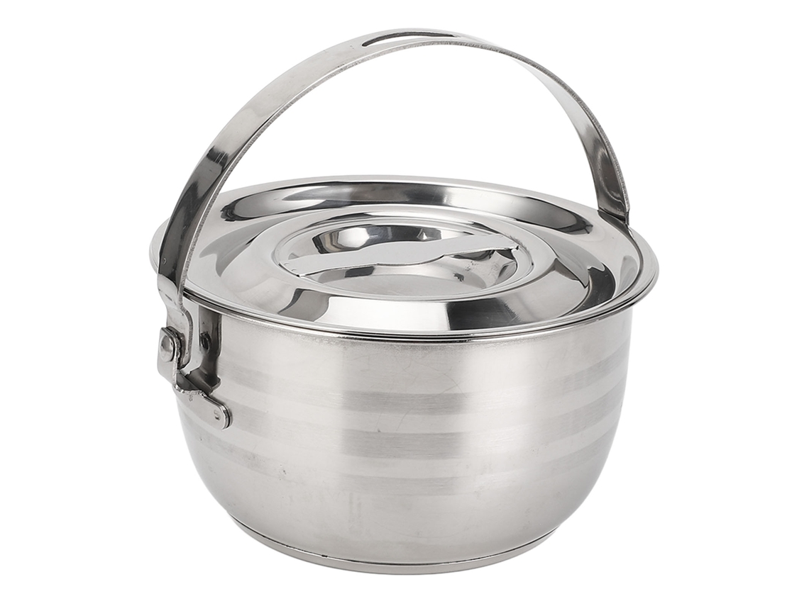 Recipiente para banha de porco com tampa e alça, em aço inoxidável, para armazenamento doméstico e de cozinha.