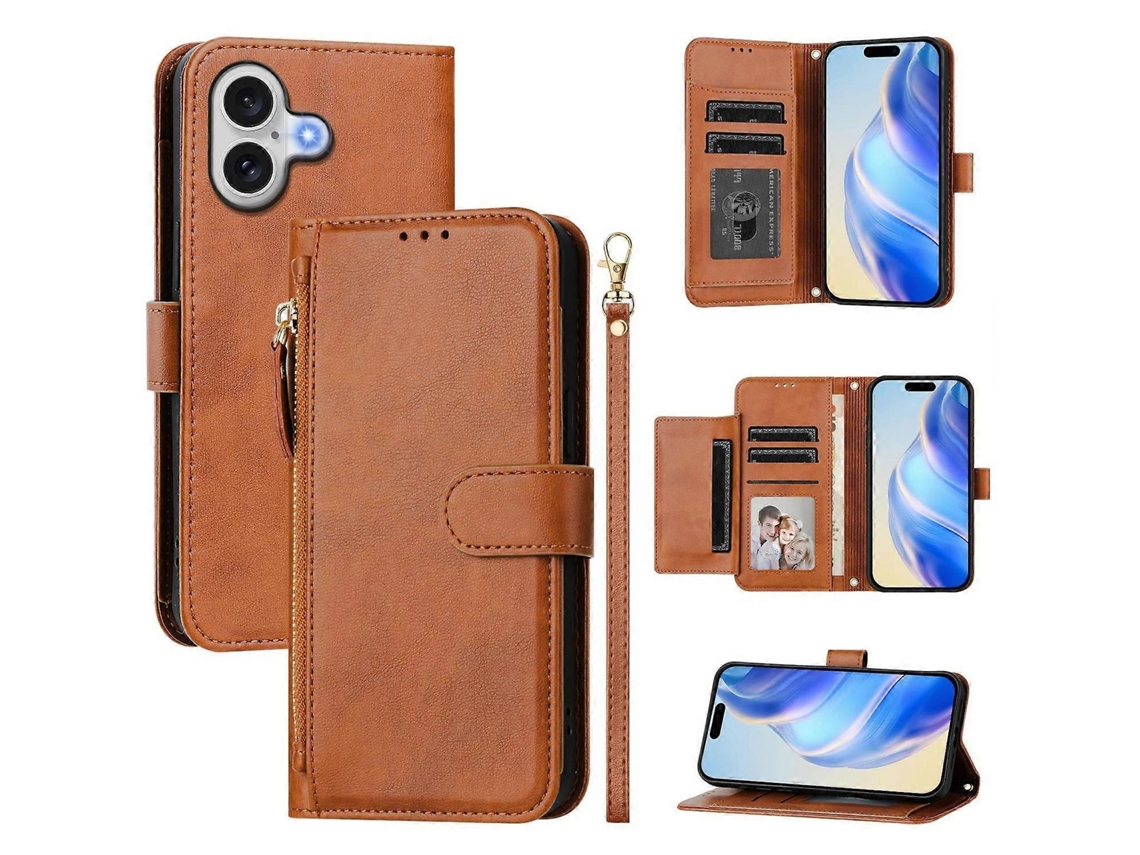 Capa Para Iphone 17 Com Zíper, Vários Compartimentos Para Cartão E Revestimento Em Couro Marrom
