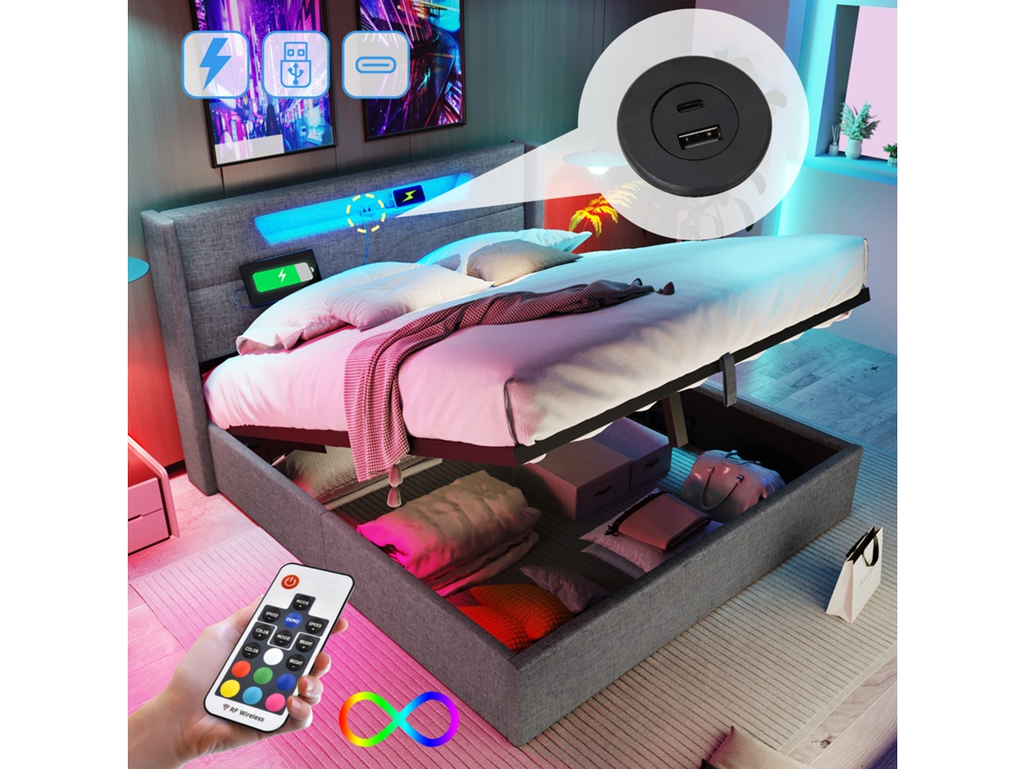 Cama Casal 140x200 Led Usb-c Armário Estrutura Linho Sem Colchão