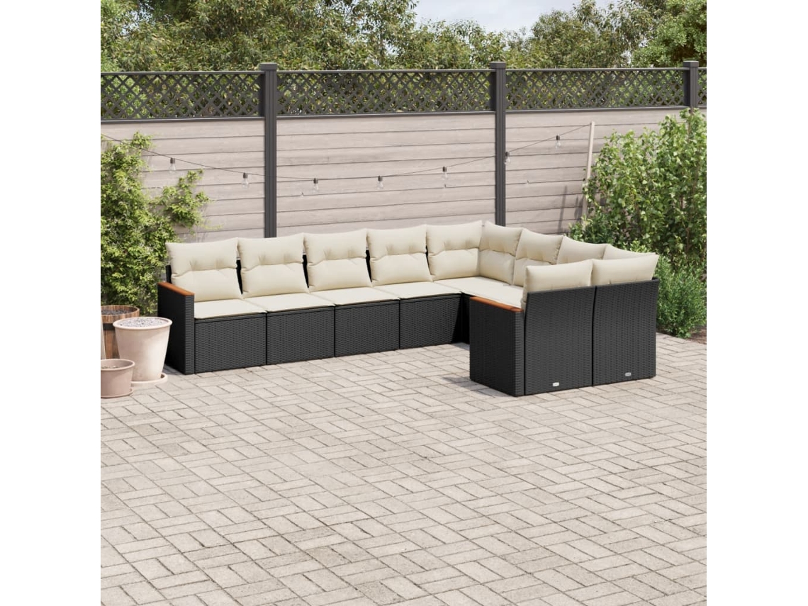 9 Pcs Conjunto De Sofás P/ Jardim C/ Almofadões Vime Pe Preto Dkd Home Decor