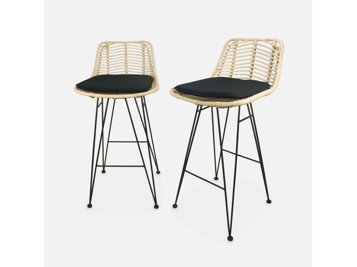 Banco Alto De Cozinha Em Metal E Rattan, Set De 2, Preto