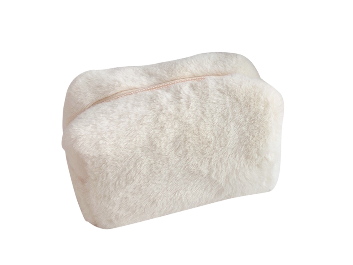 Bolsa De Maquiagem De Pelúcia, Bonita, Macia E Espumosa, Grande, Portátil, Para Viagens, Para Meninas, Cor Bege