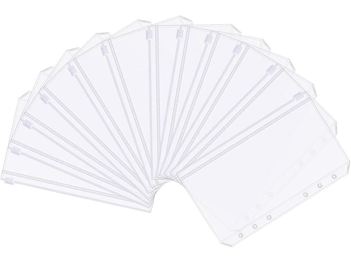 Pasta organizadora Supvox A6 com 6 furos e zíper, transparente, à prova d'água, em PVC, pacote com 12 unidades.