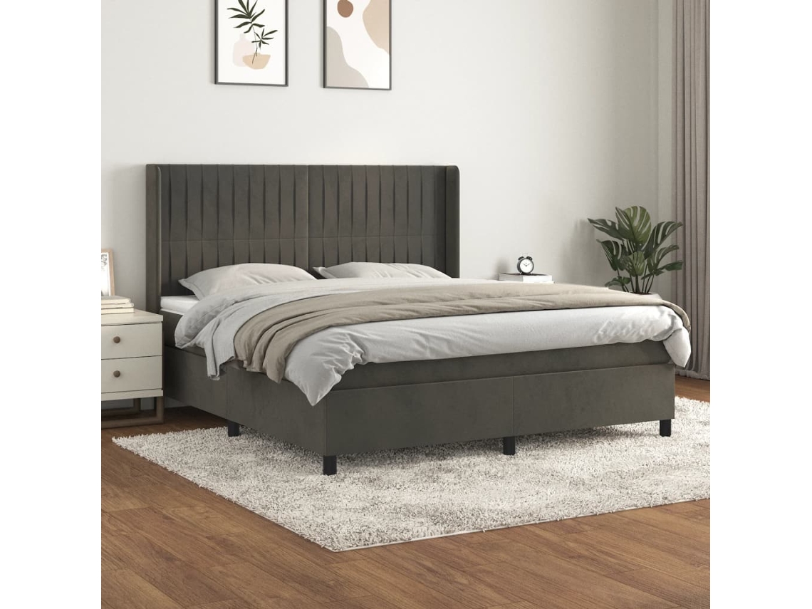 Cama Com Molas/colchão 160x200 Cm Veludo Cinzento-escuro