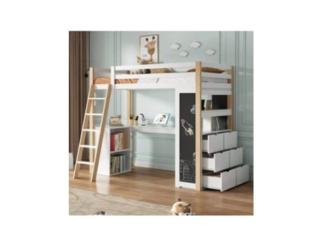 Cama Alta Infantil, Cama Infantil Multifuncional, Com Escada, Escrivaninha, Compartimento De Armazenamento, Gaveta Grande, Quadro-negro, Prateleira, B