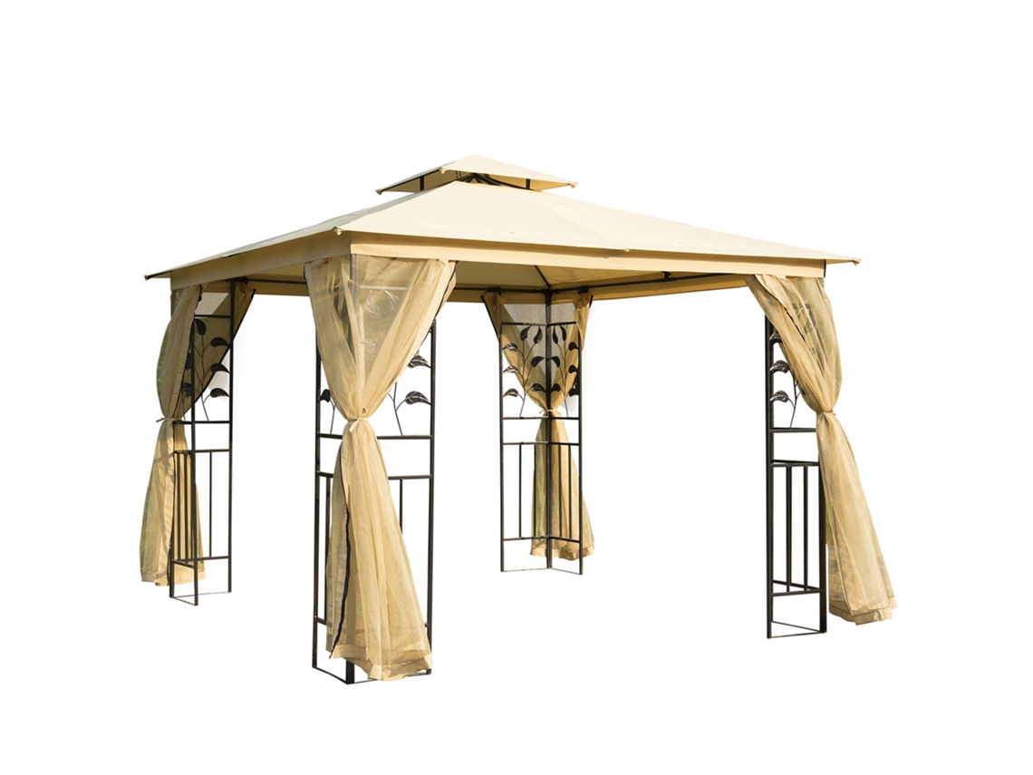 Gazebo Jardim 3x3m (com Mosquiteiro, Estrutura Aço, Toldo Duplo, Bege)