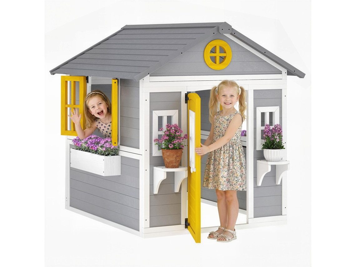 Casinha De Madeira Para Crianças, Para Uso Interno E Externo, Com Porta, Janelas, Floreiras E Suportes Para Cinza.