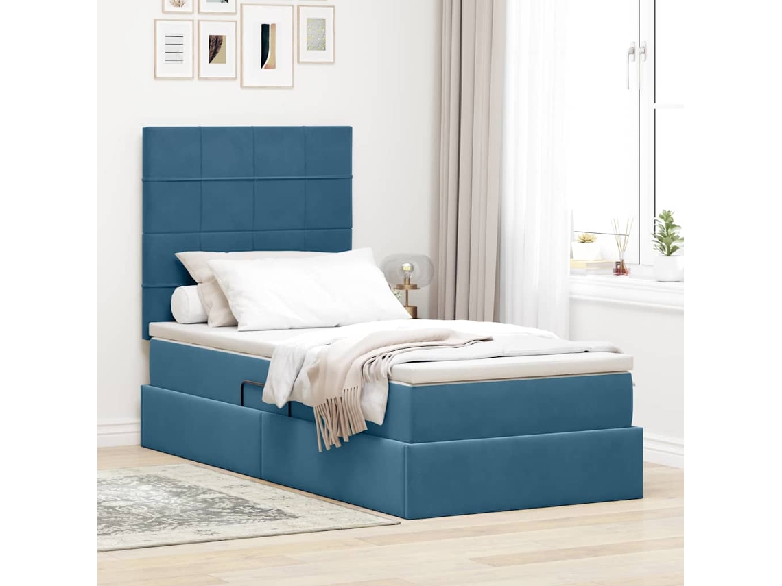 Vidaxl Cama Com Arrumação E Colchão Azul Escuro 90 X 200 Cm Veludo