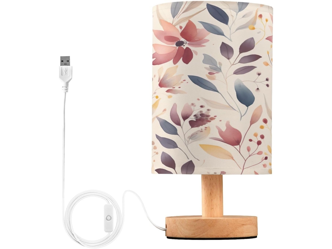 Abajur De Cabeceira Com Estampa Folhas Em Aquarela, Portas De Carregaje USB C, Luminária De Mesa Cabeceira, Luminária