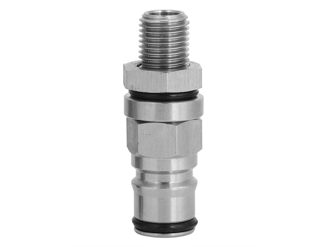 Adaptador de aço inoxidável 304 com trava de esfera para barril de cerveja, ideal para fabricação caseira de cerveja.