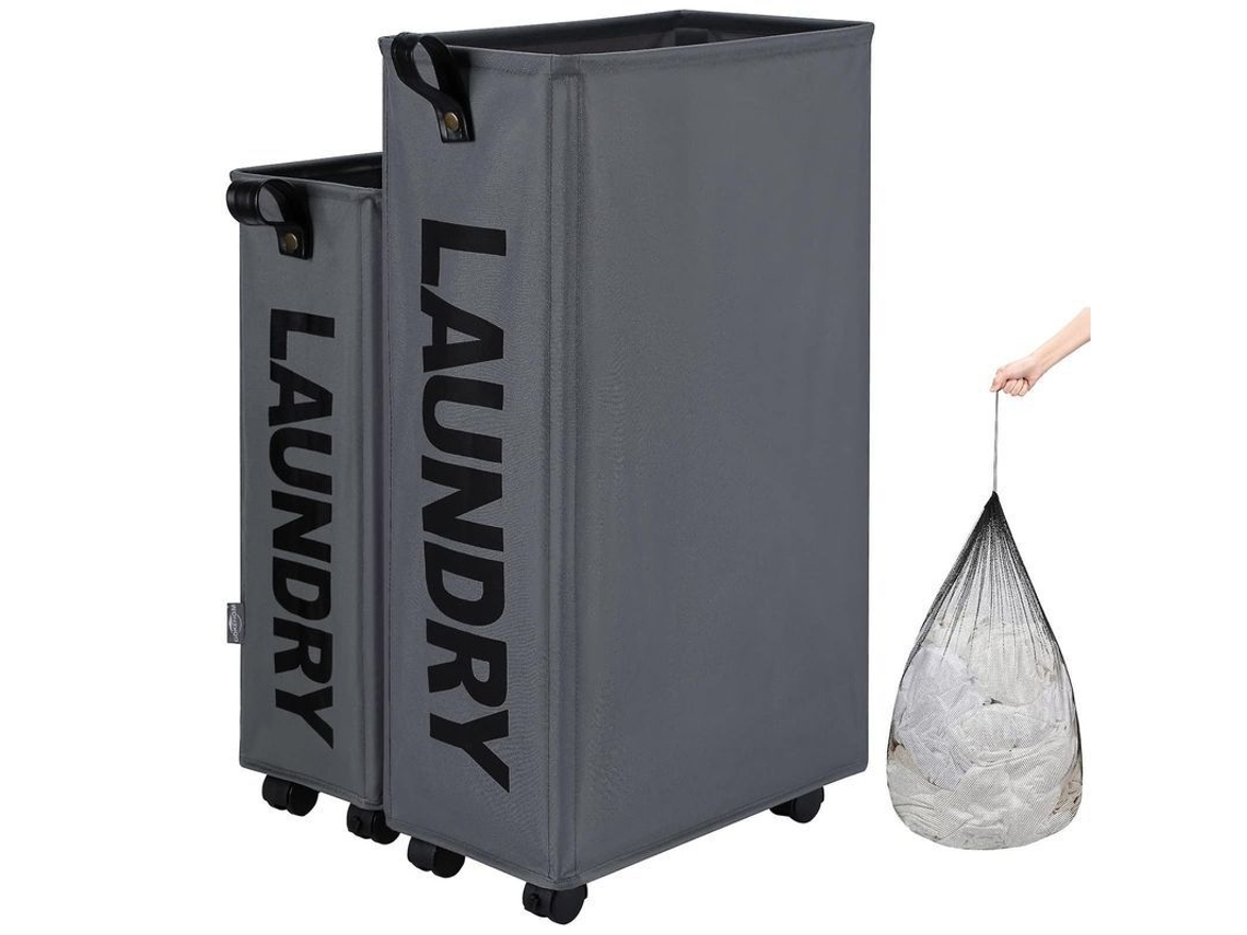 Cesto de roupa suja com rodas duplas, grande capacidade, altura em couro grosso e base em placa de PE, na cor cinza escuro, tamanho M.