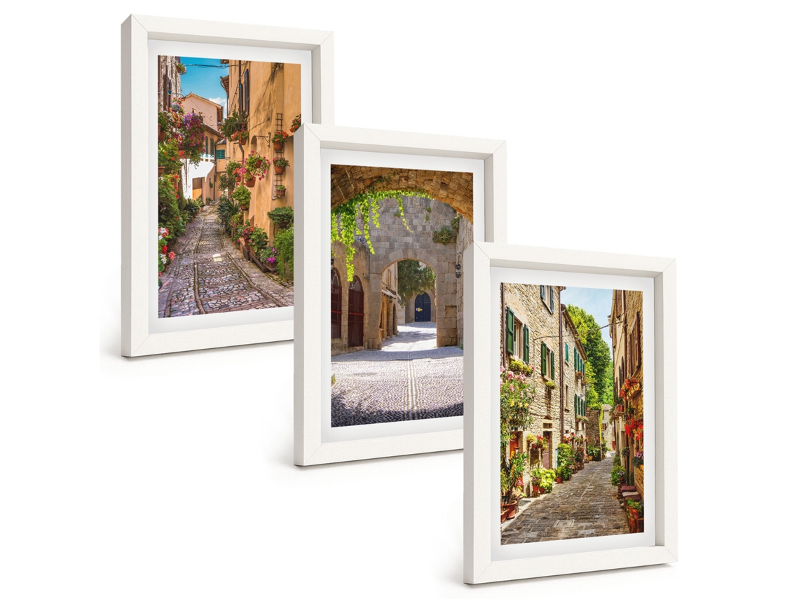 Conjunto De Quadros Com Moldura Ruas Italianas, Flores E Arquitetura Moldura Branca Fotos Para O Escritório Espelharte (3 Peças 20x30 Cm)