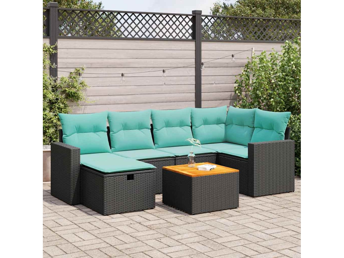 Vidaxl 7 Pcs Conjunto De Sofás P/ Jardim C/ Almofadões Vime Pe Preto