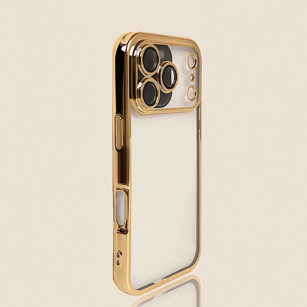 Capa Transparente Eletroplaqueada Para Iphone 13 Pro Max (dourada) Com Protetor De Lente Da Câmera.