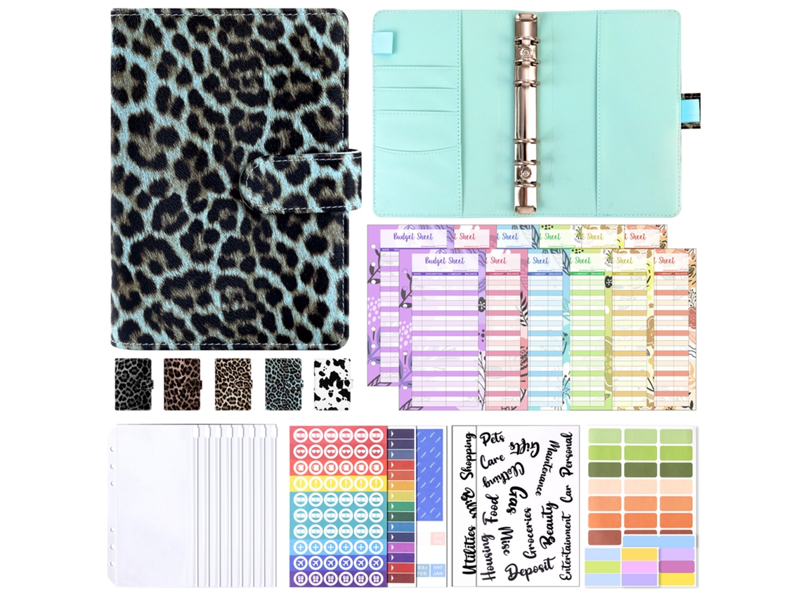 Creative Leopard Print A6 Binder Notebook With Zipper Pouch, Cash Budget Planner, Blue, Includes A6 Cash Budget Cards