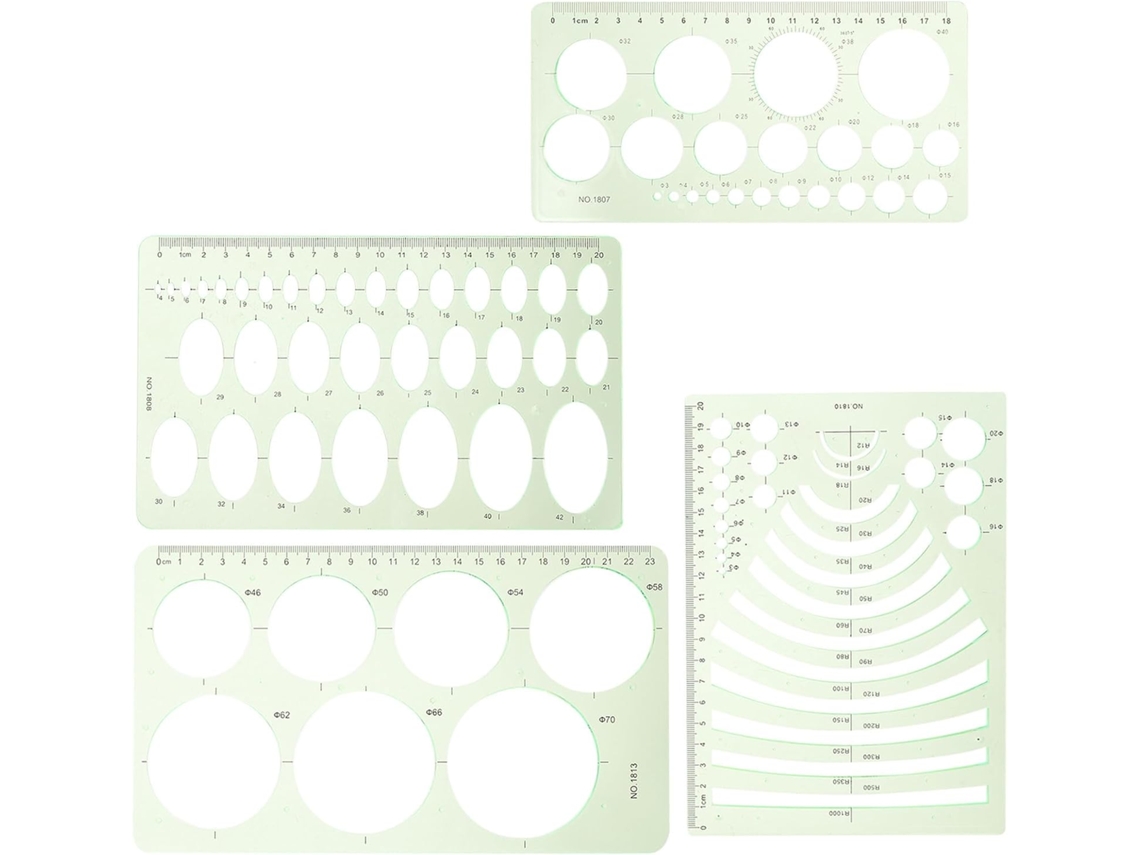 Conjunto de 4 réguas multifuncionais em ABS verde para estudantes: ferramentas versáteis e ideais para diversos materiais.