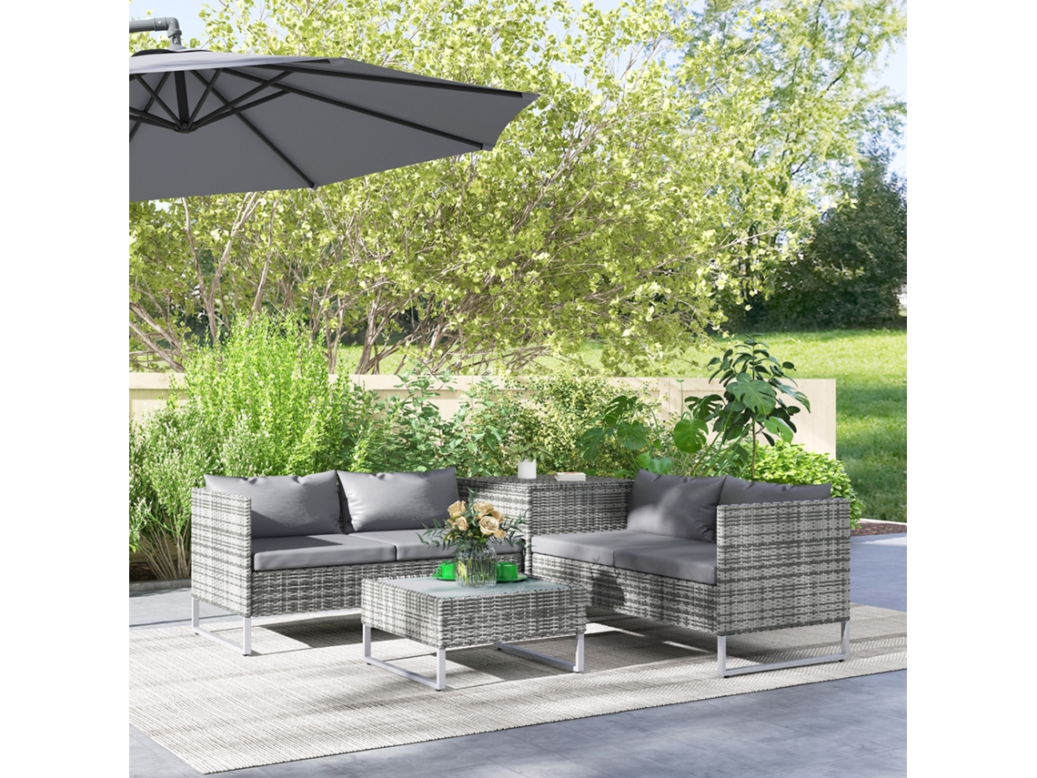 Conjunto De Jardim 4 Peças: 2 Sofás Duplos, Mesa De Centro E Mesa Alta, Em Aço E Rattan -br
