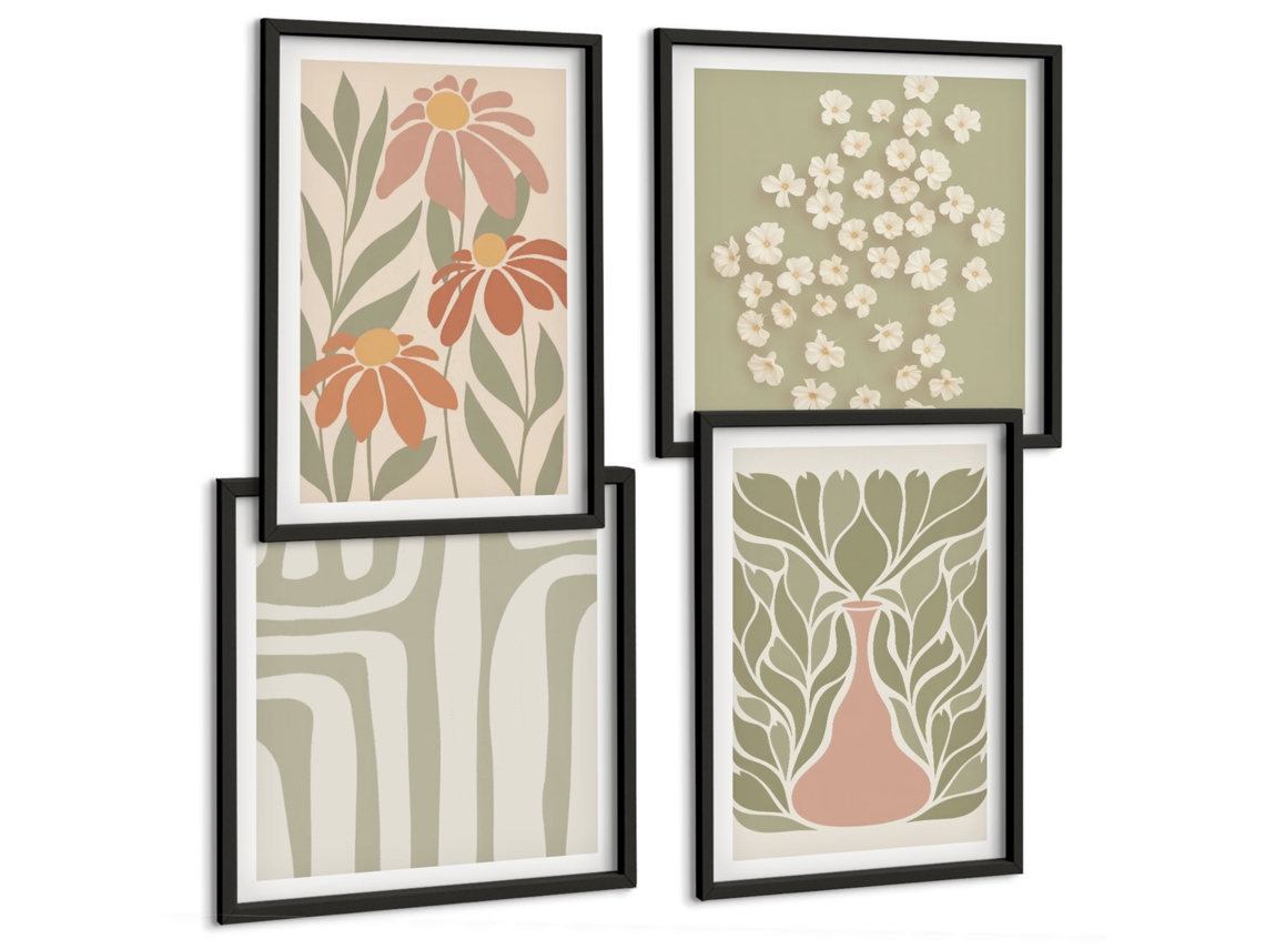 Quadros Decorativos Para Parede Padrões Abstratos De Tinta Verde Moldura Preta Pinturas De Quarto Espelharte (conjunto De 4 Imagens)