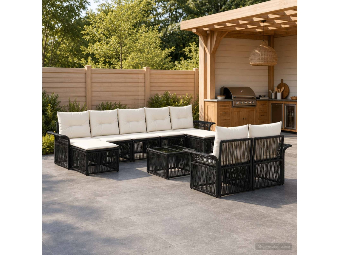 Vidaxl Conjunto De Sofá De Jardim 10 Pcs Preto Vime Pe