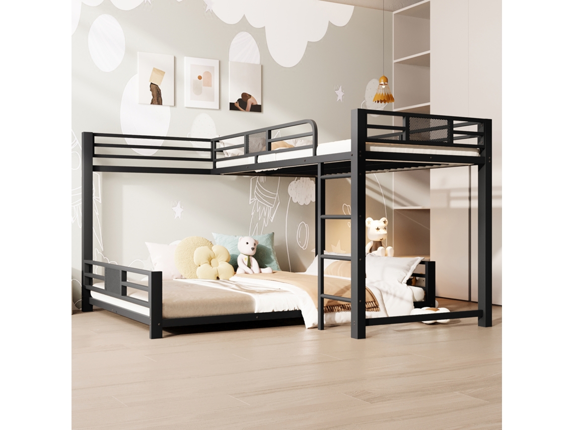 Cama De Metal Em L 90x200 Sobre 140x200 Preto
