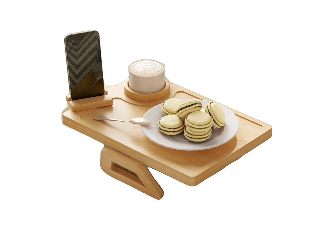 Bandeja Para Braço De Sofá, Bambu, 33 Cm X 23 Cm X 5 Cm, Retângulo, Suporte Rotativo 360°, Base Antiderrapante