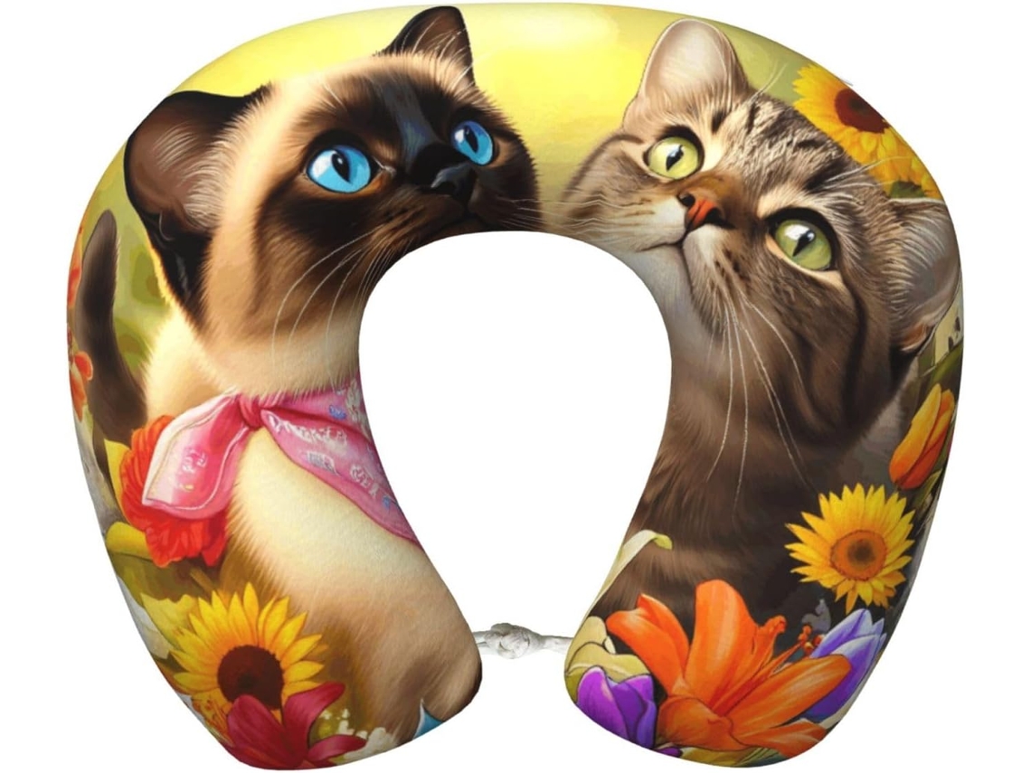 Travesseiro de Viagem em Espuma Viscoelástica com Estampa Floral Gato | S/MARCA