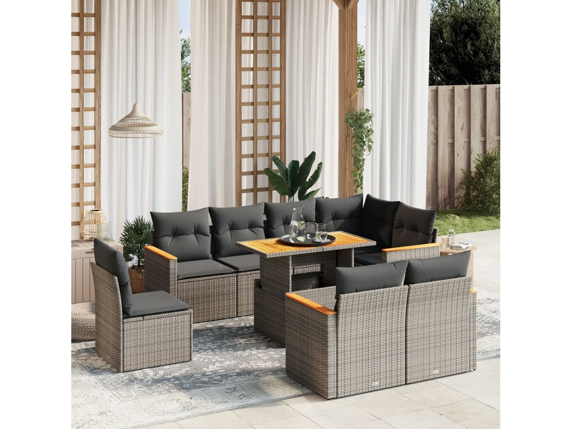 Vidaxl 9 Pcs Conjunto Sofás P/ Jardim com Almofadões Vime Pe Cinzento