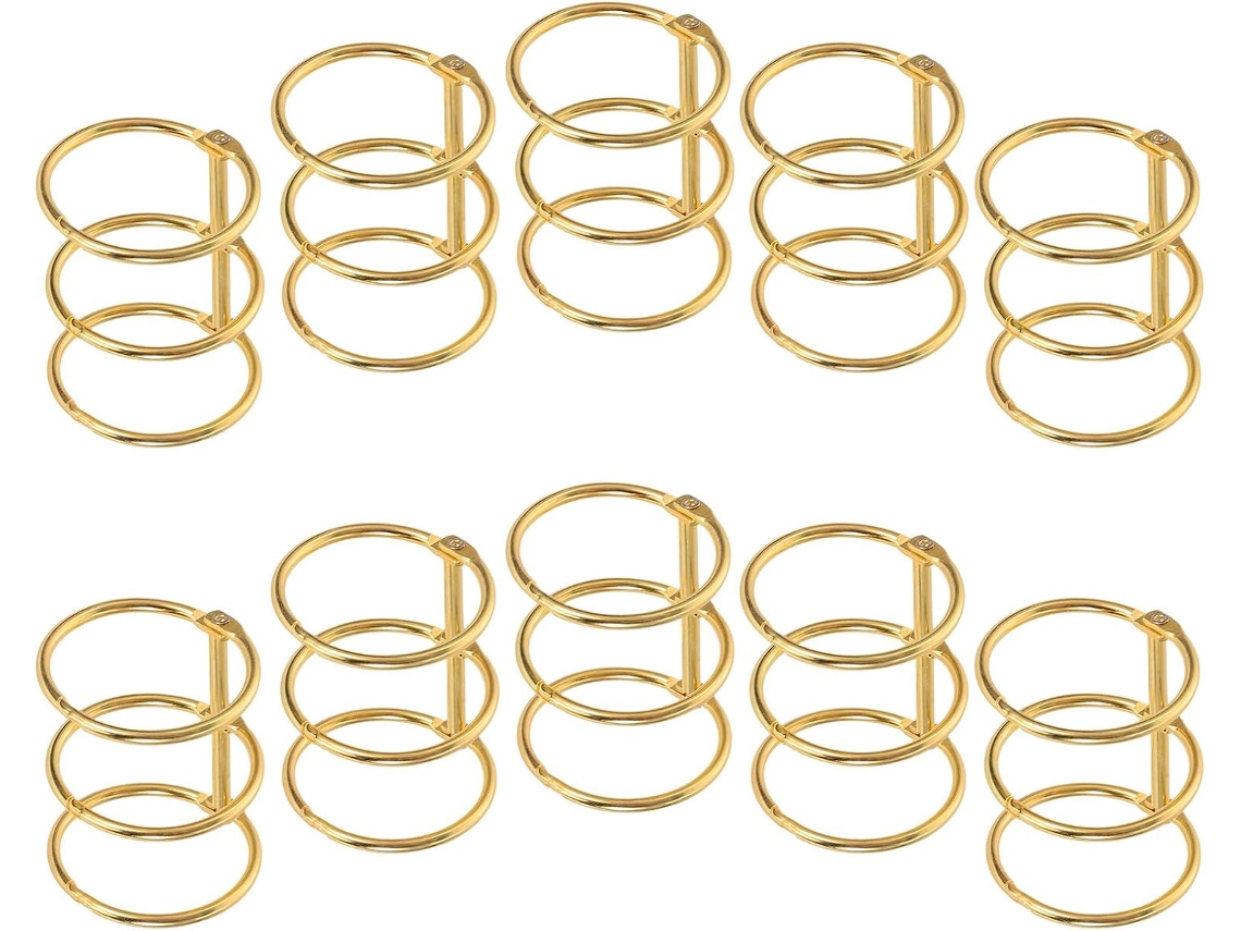 Anéis metálicos para correntes de 30 mm, 3 furos, 10 unidades, dourados, resistentes, ideais para mesa e escola.