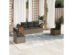 Vidaxl 5 Pcs Conjunto Sofás De Jardim C/ Almofadões Vime Pe Cinzento