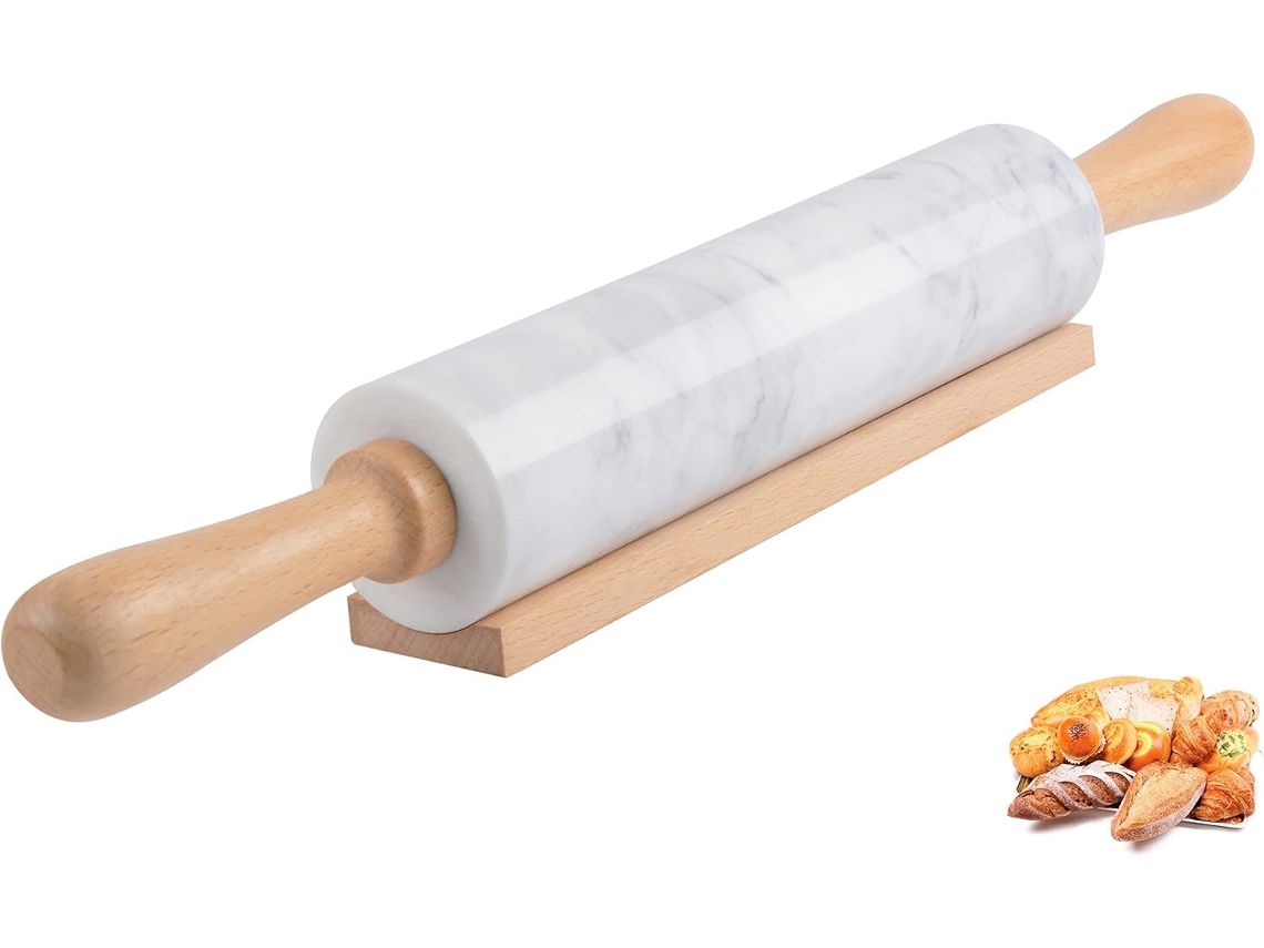 KOFIHETY Rolo De Massa Em Mármore Com Cabos De Madeira E Suporte Em Madeira, 15 Polegadas Para Massas De Pizza, Tortilhas, Tortas, Biscoitos E Massas