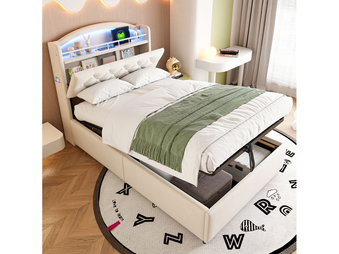 Cama infantil estofada em veludo, 90x200 cm, entradas LED e USB, espaço de arrumação, bege VSOGA