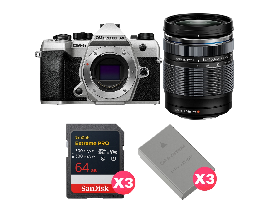 Om 5 Mark Ii Prateado + 14 150mm F/4 5.6 Ii + 3 Sandisk 64gb Extreme Pro Uhs ii Sdxc + 3 Om System Bls 50 + Ebook Pricedirect OM SYSTEM