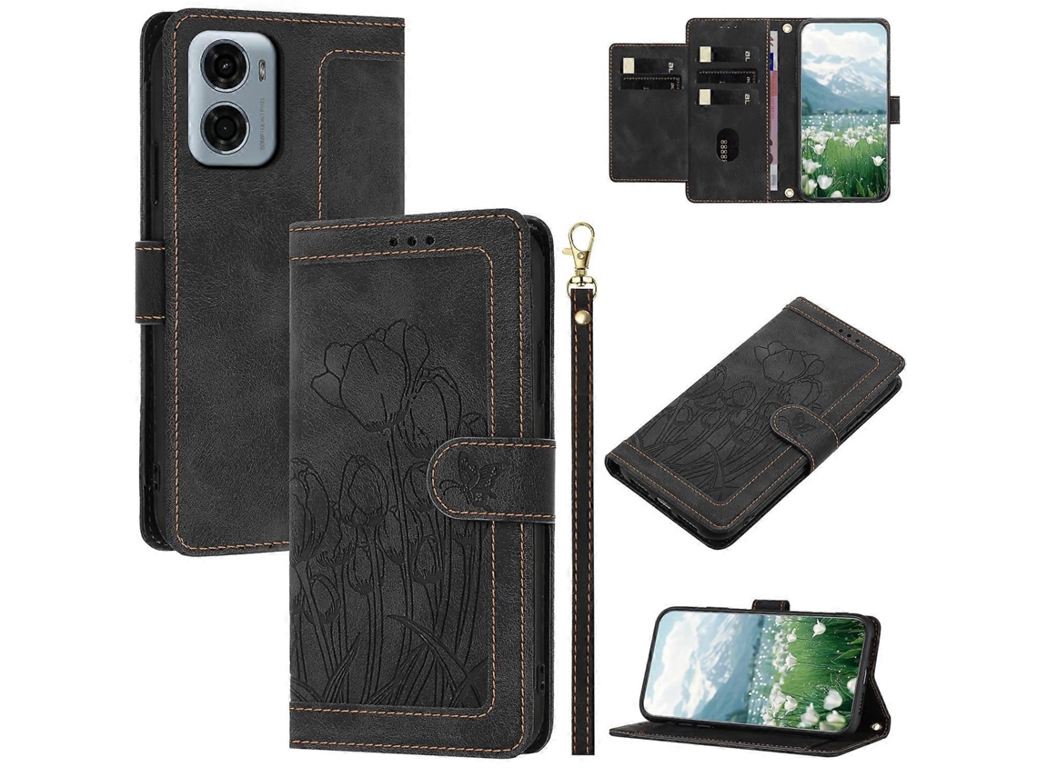Capa De Couro Estilo Tulipa Para Motorola Moto G05 4g Com 5 Compartimentos Para Cartões, Tipo Carteira, Preta