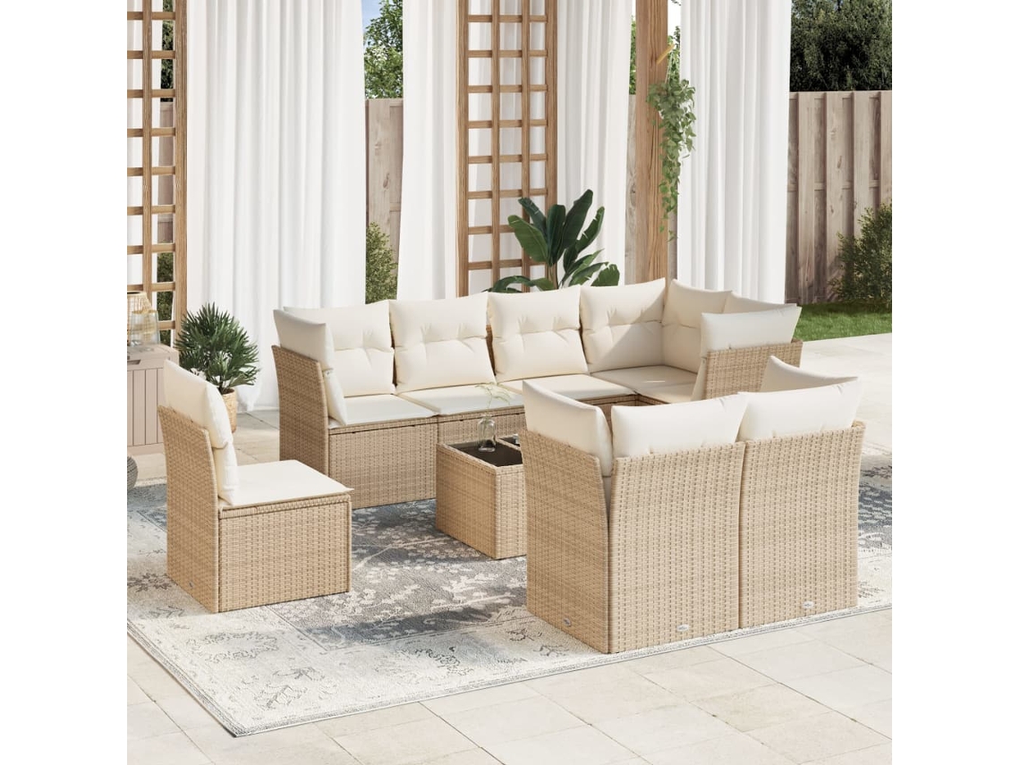Vidaxl 9 Pcs Conjunto De Sofás P/ Jardim Com Almofadões Vime Pe Bege