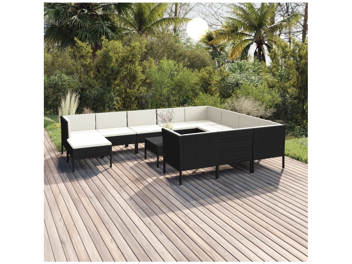 Vidaxl 12 Pcs Conjunto Lounge De Jardim C/ Almofadões Vime Pe Preto