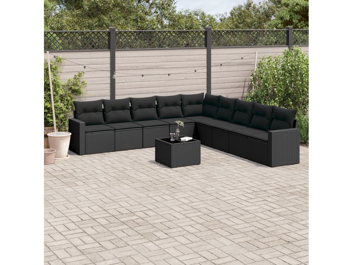Vidaxl 10 Pcs Conjunto Sofás De Jardim C/ Almofadões Vime Pe Preto