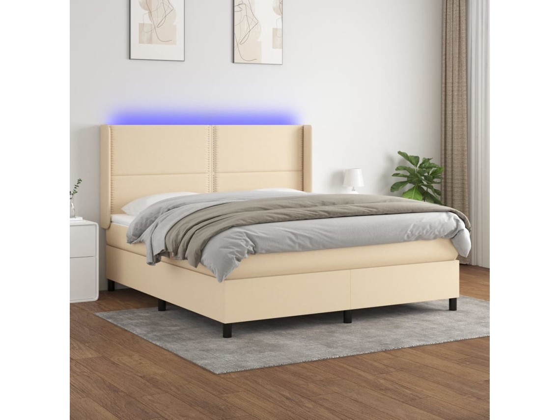 Cama Box Spring C/ Colchão E Led 180x200 Cm Tecido Cor Creme