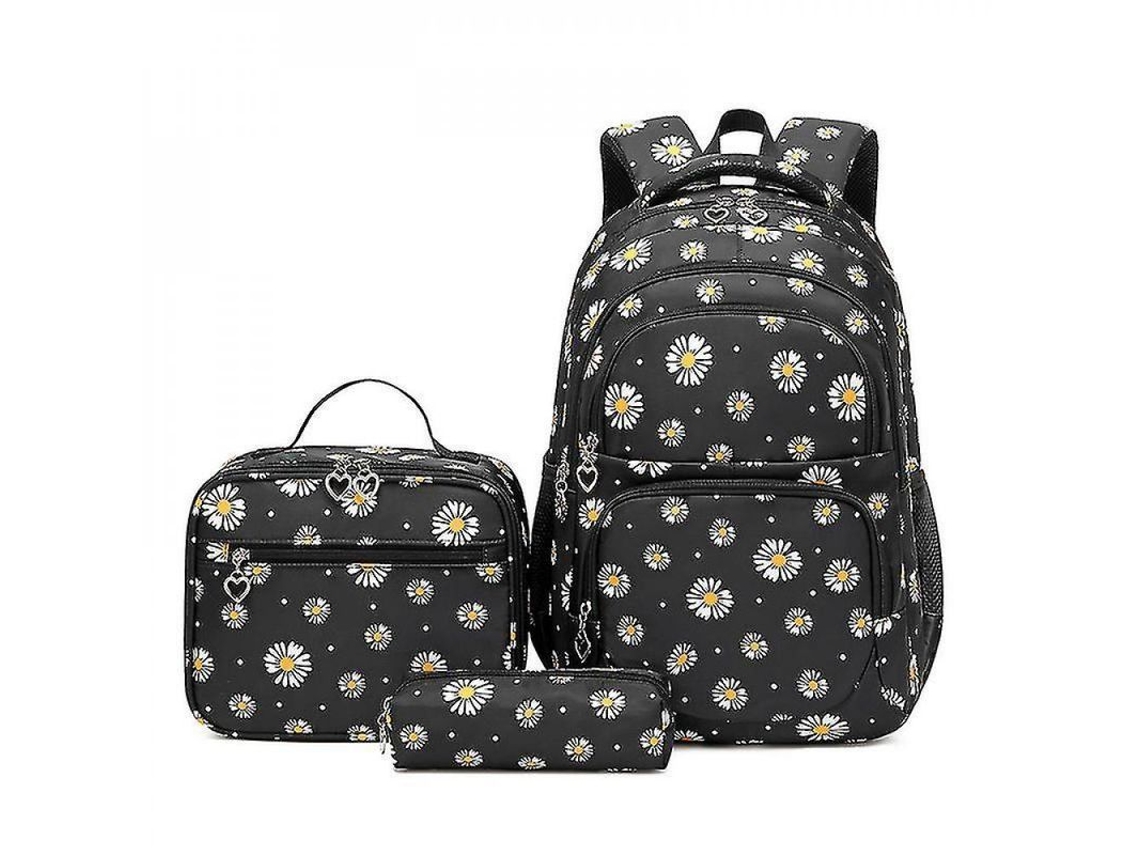 Set Mochila 3 Piezas Com Estampado Margarita Mochila+lonchera+estuche Eru Negro
