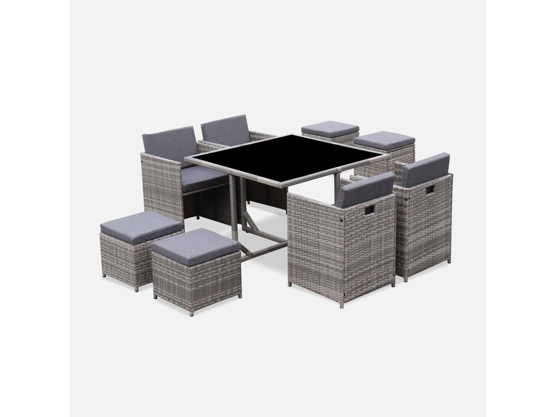 Conjunto De Jardim Com Mesa Em Tecido De Resina Com 8 Cadeirões, Tons De Cinza E Cinza Manchado