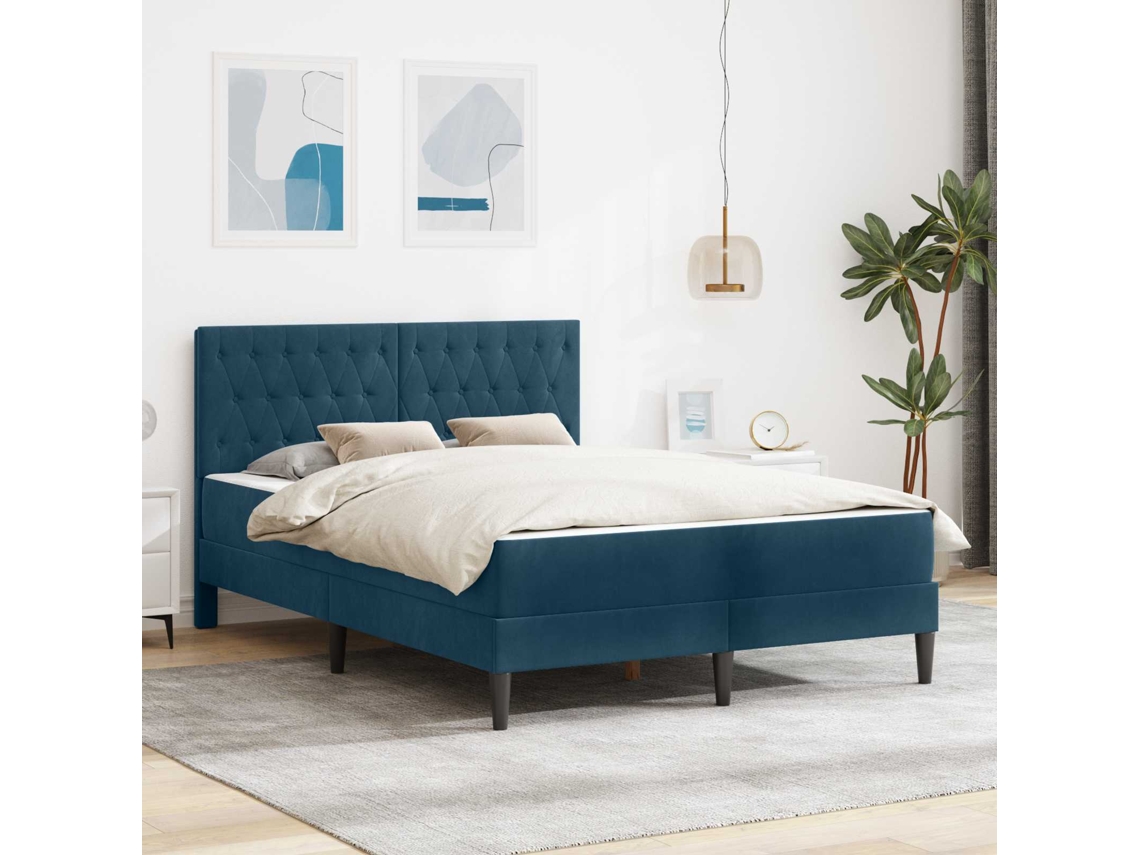 Vidaxl Estrutura De Cama Com Colchão Azul 140 X 190 Cm Veludo