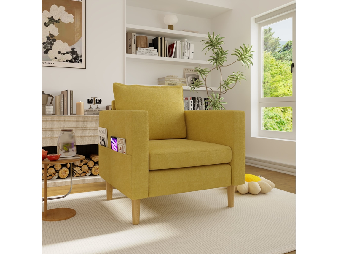 Poltrona de Lazer NOVELA com almofada, bolso, estilo nórdico, chenille, amarelo mostarda