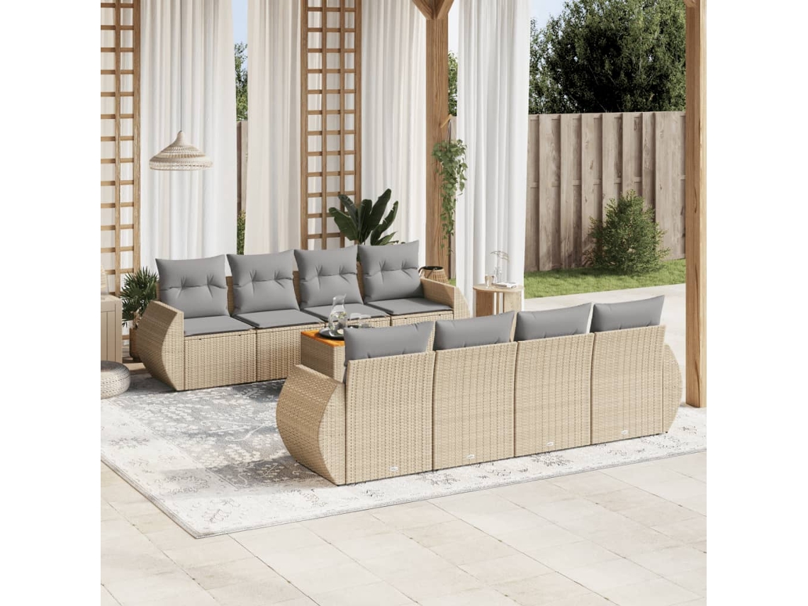 Vidaxl 9 Pcs Conjunto de Sofás P/ Jardim com Almofadões Vime Pe Bege