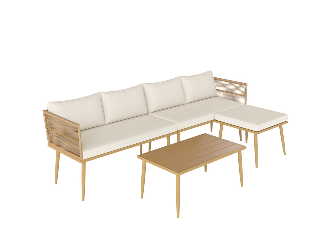 Conjunto Modular 5 Lugares Dois Sofás Banco E Mesa Baixa Almofadas Inclusas Creme