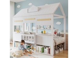 Beliche Infantil Em Formato De Casa, Com Estante, Ripas Estáveis, Pinho+mdf+compensado, Branco, 90x200cm