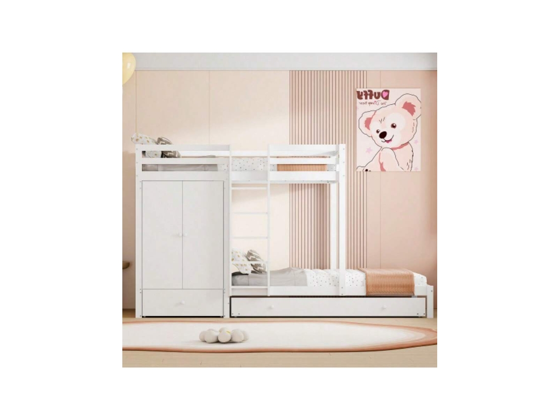 Beliche De Madeira Maciça 90x200 Com Cama Extrável, Multifuncional Para Crianças Com Guarda-roupa, Gavetas E Prateleira, Branco