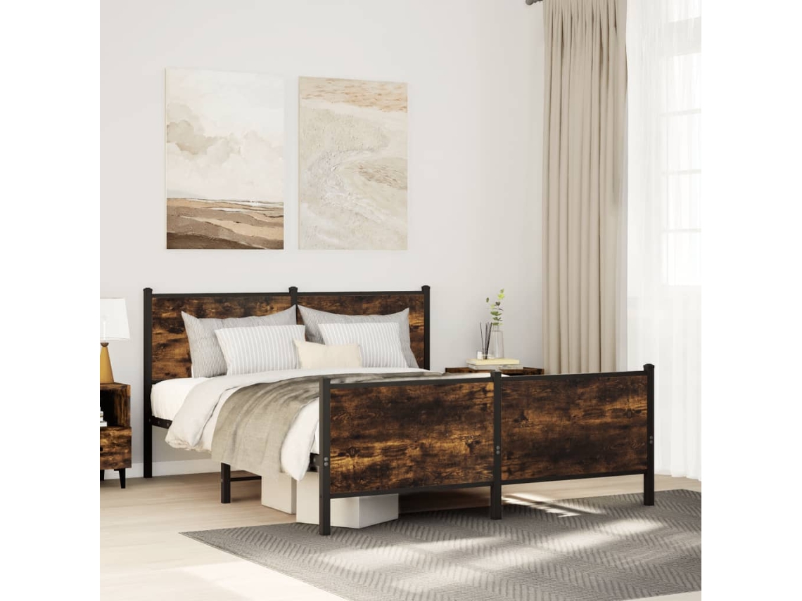 Vidaxl Estrutura de Cama Sem Colchão 137x190 Cm Metal Carvalho Fumado