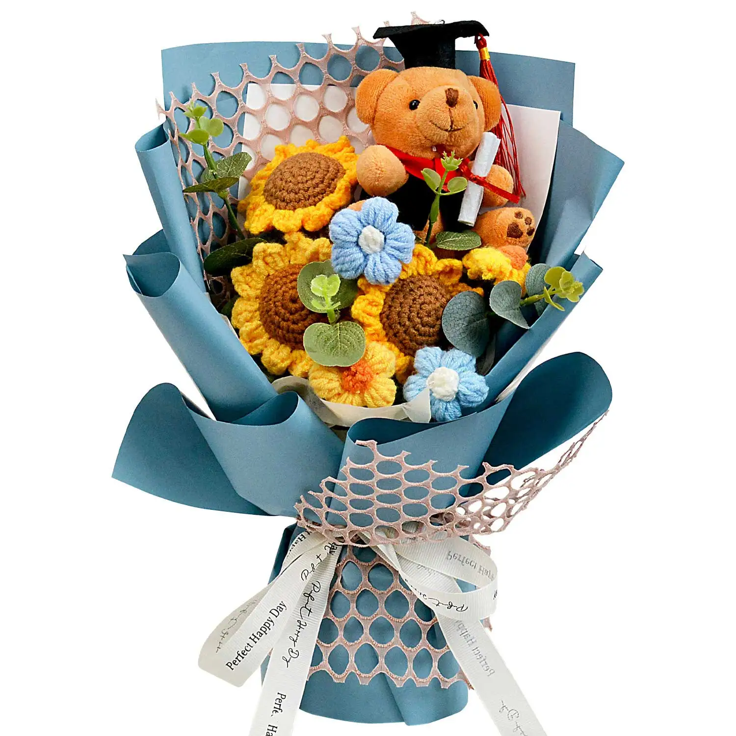 (azul) Buquê De Girassóis Feito À Mão Em Crochê Para Formatura, Um Presente Para Uma Amiga.