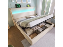 Cama De Solteiro Estofada De 160x200cm Com Led E Armazenamento Em Linho Bege